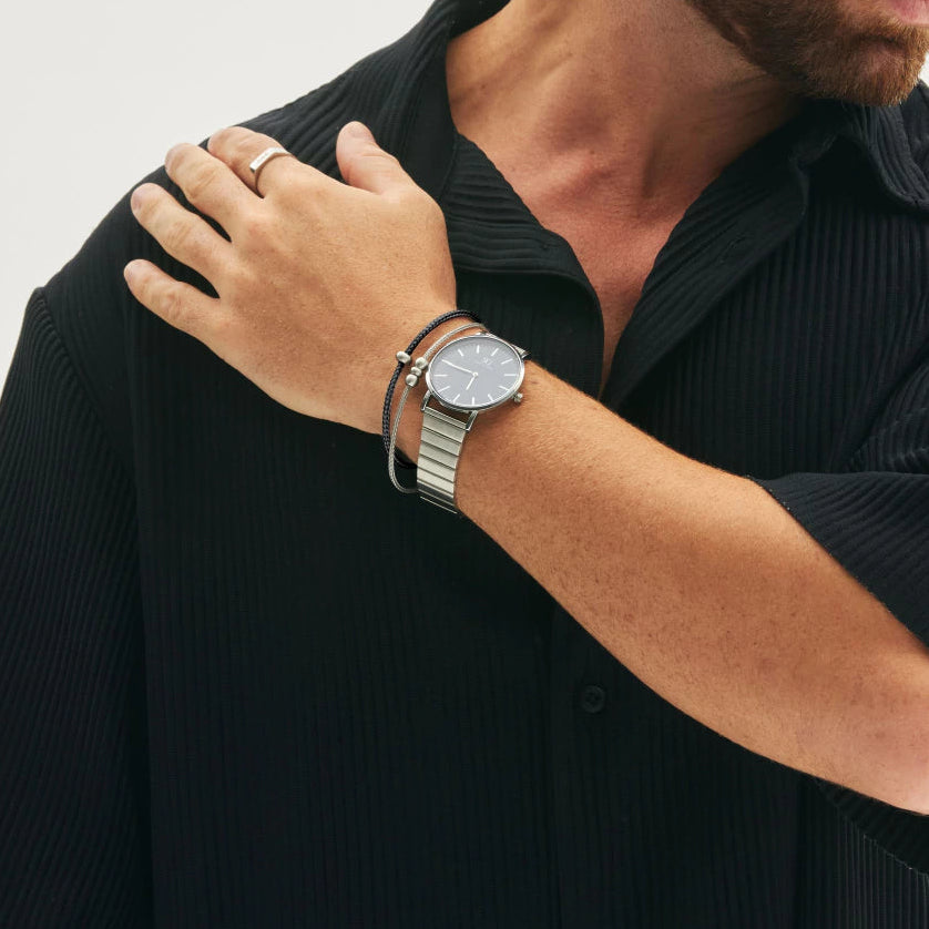 Pulseira Masculina Fio de Aço Inoxidável Preta com Esfera Minimalista