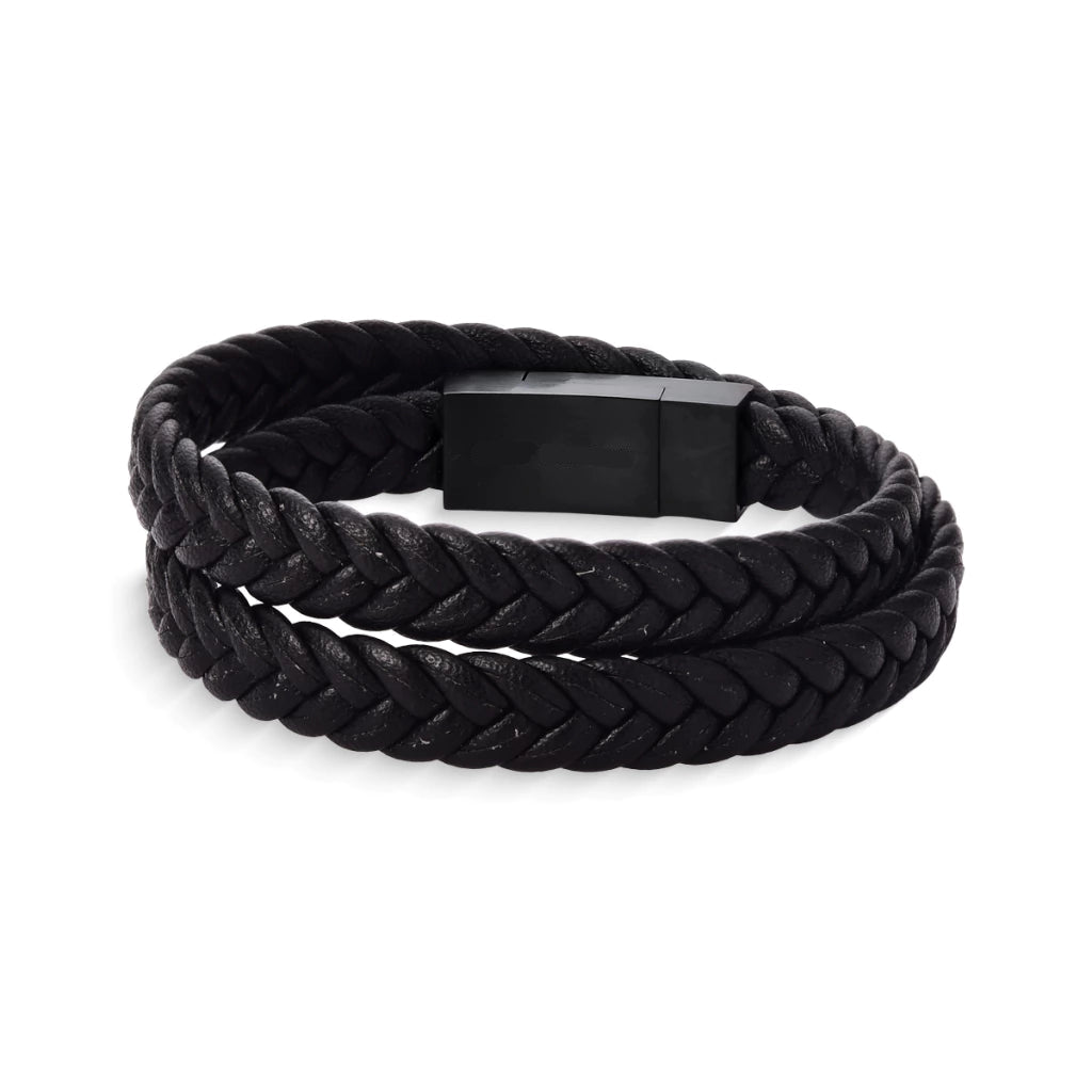 Pulsera Masculina de Cuero Trenzado Negro con Cierre Magnético