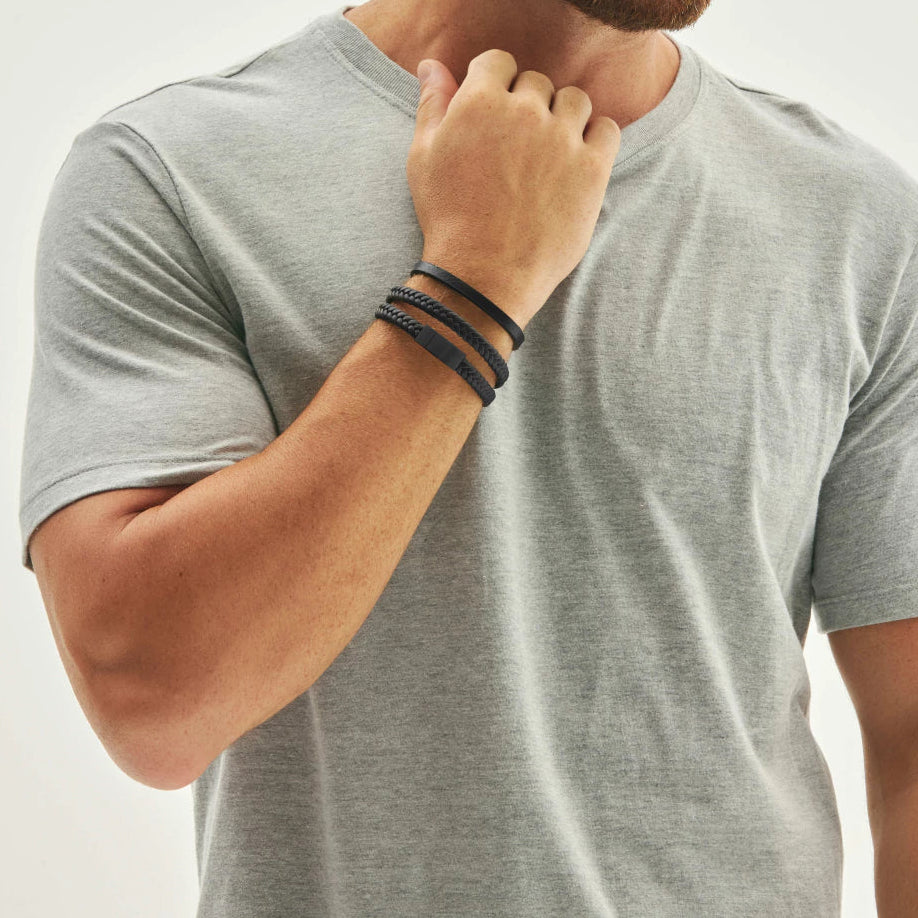 Pulsera Masculina de Cuero Trenzado Negro con Cierre Magnético