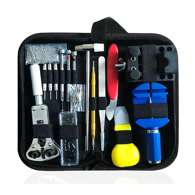 Kit relojero de 147 piezas abierto dentro de su estuche organizador